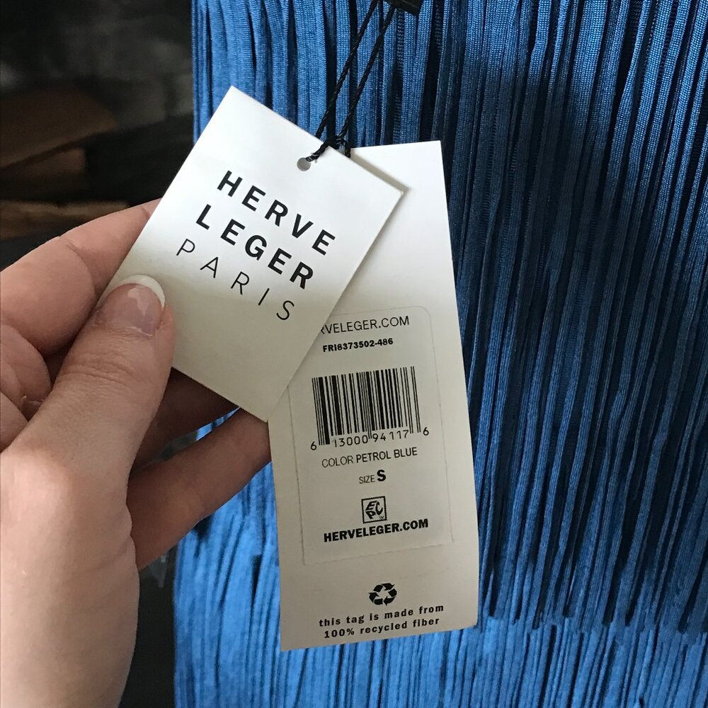 'Herve Leger Paris' One Shoulder Mini Fringe Dress in Petrol Blue - Size Small - Picture 7 of 8